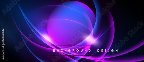 Abstract design features vibrant blue, purple curves. Light glows radiate from central point, creating dynamic effect. Dark background enhances luminosity.