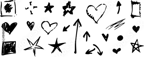 A black and white drawing of stars and hearts. The drawing is full of different shapes and sizes of stars and hearts. The overall mood of the drawing is playful and whimsicals