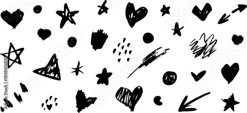 A black and white drawing of stars and hearts. The drawing is full of different shapes and sizes of stars and hearts. The overall mood of the drawing is playful and whimsical