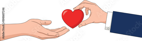 Hands giving red heart vector illustration representing love, care, support, charity, compassion, emotional connection, and romantic or humanitarian concept