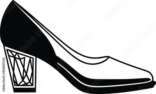 Classic women's high heel pump shoe vector line art illustration featuring a sleek pointed toe silhouette and sturdy black block heel for fashion design.