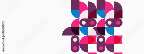 Abstract geometric shapes, pinks, purples, blues dominate composition. Minimalist design with overlapping elements creates visual interest.