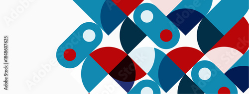 Abstract geometric pattern. Overlapping circles, semicircles create dynamic composition. Red, blue, gray tones dominate design. Minimalist aesthetic.