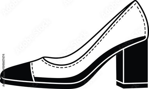 Classic women's block heel pump shoe vector illustration featuring a stylish black cap toe design with elegant stitching details on a clean white background.