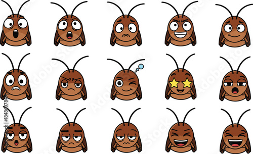 Cartoon cockroach faces showing emotions, funny bug expressions, insect character reactions for kids, emoji style, flat vector illustration