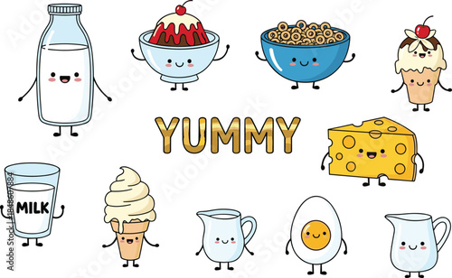 Cartoon dairy and dessert food characters, smiling milk and ice cream faces for kids, playful design, flat vector illustration