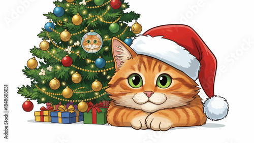 cat in a Santa hat rests near a glowing Christmas tree with ornaments, capturing a cozy and playful holiday atmosphere filled with warmth and charm