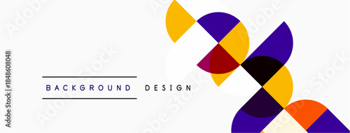 Abstract geometric shapes overlap, creating vibrant color composition. Minimalist design with text elements present. Clean, modern aesthetic.