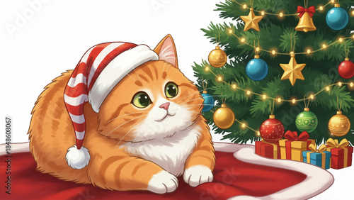cat in a Santa hat rests near a glowing Christmas tree with ornaments, capturing a cozy and playful holiday atmosphere filled with warmth and charm
