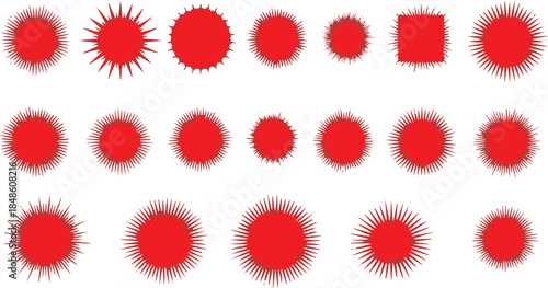 Collection of Red Starburst Shapes and a Square on White Background Keywords: starburst, red, shape, graphic, design, element, icon, burst
