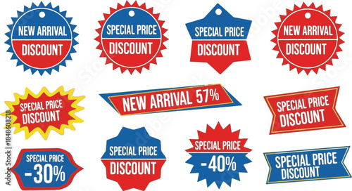 Collection of Red Blue and Yellow Sale and New Arrival Discount Badges promotion offer