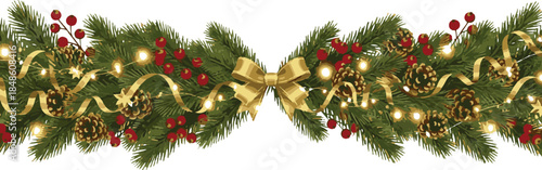 Festive Christmas Garland with Pine Cones Berries Lights and Golden Bow Keywords: Christmas, garland, festive, decoration, pine, cone, berry, red