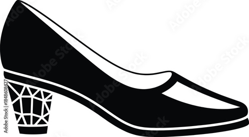 Professional black pumps with unique crystal style block heel vector silhouette for formal office wear and evening party fashion isolated on white background.