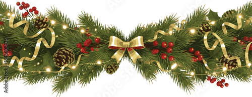Festive Christmas garland with pine branches holly berries pine cones and golden ribbon decoration holiday