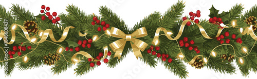 Festive Christmas Garland With Pine Needles Berries Lights And Bow decoration holiday
