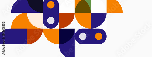 Abstract geometric shapes, orange, purple, gray. Minimalist design, clean lines, modern aesthetic. Composition focuses on curves, circles, segments.