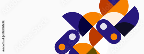 Abstract geometric shapes, orange, purple, white background. Overlapping circles create dynamic visual pattern. Modern design element.