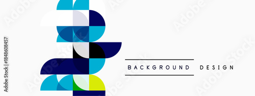 Abstract geometric shapes overlap, creating dynamic visual composition. Blue, yellow hues dominate white background. Modern design element.