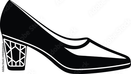 Elegant black high heel shoe vector icon with geometric crystal block heel design isolated on white background for fashion branding and luxury footwear concept.