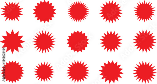 Fifteen Red Starburst Shapes in a Grid on White Background Keywords: starburst, star, red, outline, graphic, icon, symbol, shape, design element