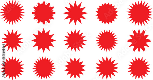 Fifteen Red Starburst Shapes Keywords: starburst, burst, shape, red, graphic, icon, symbol, set, collection, design, element, isolated, white