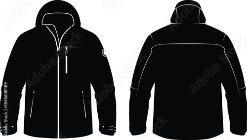 Black hooded jacket design front and back view technical illustration