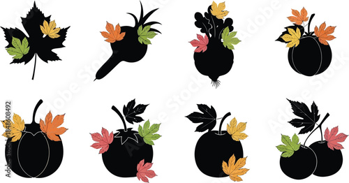 Autumn leaves and pumpkin silhouettes in a colorful and artistic arrangement