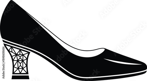 Elegant black silhouette of a lady's high heel pump shoe with a stylish geometric patterned heel isolated on white background for fashion branding and web design.