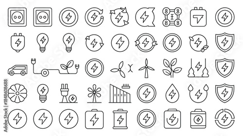 Collection of Renewable Energy and Electricity Icons in Thin Line Style power sustainable