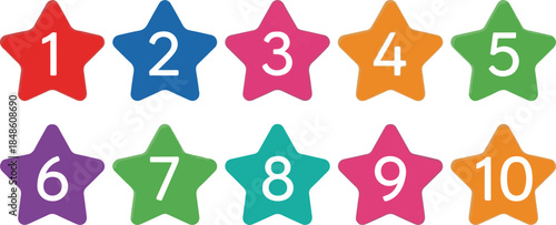 Ten Colorful Star Shapes With White Numbers One To Ten Keywords: one, two, three, four, five, six, seven, eight, nine, ten, number, count