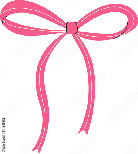 Pink bow with long ribbons. Festive gift decoration. Flat vector illustration isolated on white background.