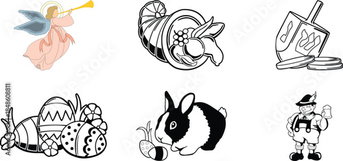 Collection of diverse holiday and cultural celebration clip art featuring an angel a cornucopia a dreidel easter eggs a bunny and a man with a stein