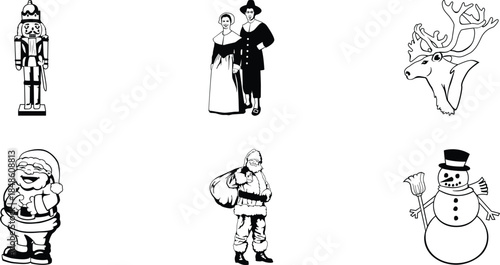 Collection of black and white holiday and historical vector icons featuring santa claus nutcracker pilgrim couple reindeer and snowman designs