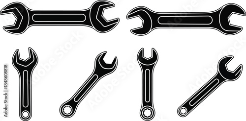 A collection of various black wrench tools displayed in a simple illustration