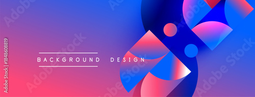 Abstract gradient background. Vivid pinks, blues blend smoothly. Geometric shapes overlap creating dynamic visual effect. Modern design element.