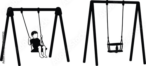 A simple black and white illustration of two swings on playground equipment