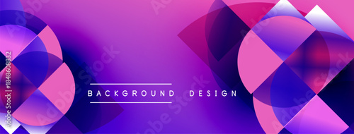 Abstract geometric shapes blend vibrant purple, pink hues. Modern design creates dynamic visual effect. Background features overlapping circles, triangles.