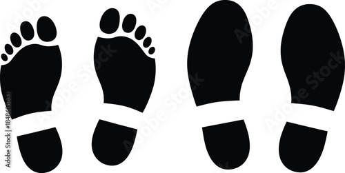 Black footprints depicting bare feet and shoes walking forward