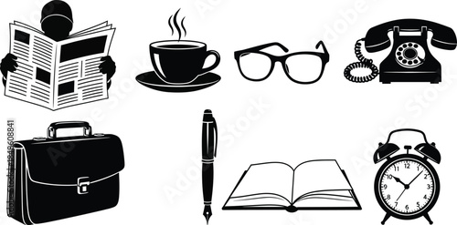A collection of everyday objects newspaper coffee glasses phone and more
