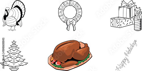 Collection of holiday icons featuring a turkey a wreath a christmas tree roasted dinner gifts and happy holidays text for seasonal design