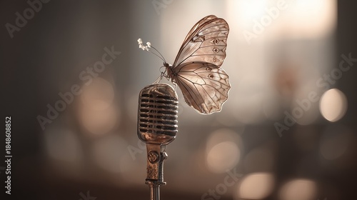 vintage microphone with a butterfly, a symbol of achievement