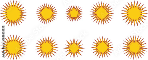 Ten Yellow Starburst Shapes of Varying Sizes on White Background Keywords: starburst, star, sun, yellow, orange, red, outline, graphic, icon
