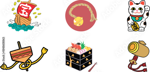 Collection of six colorful japanese new year good luck charms including a treasure ship a lucky cat and osechi food box for festive celebration