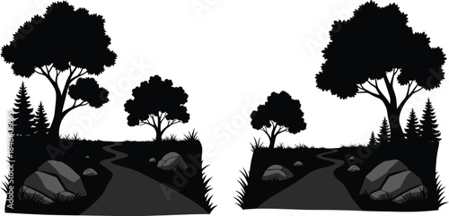 Silhouette of trees and landscape with a winding path and rocky terrain