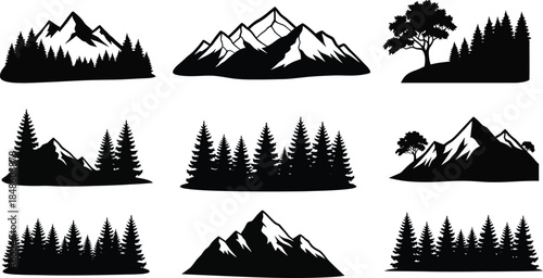 Black silhouette illustrations of mountains trees and coniferous forests
