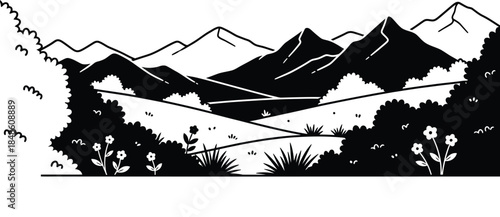 Stylized black and white illustration of mountains hills and flowering meadows