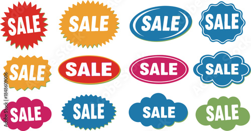 Twelve colorful sale tags and labels in various shapes and styles sticker banner
