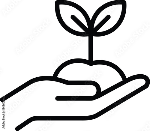 Hand holding plant seedling outline illustration