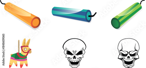 Collection of colorful firecracker dynamite sticks a festive piñata and two distinct stylized skull illustrations isolated on white background