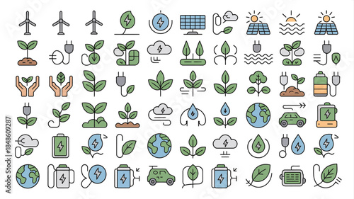 Colorful flat icons representing renewable energy, sustainability, and environmental care Keywords: renewable energy, sustainability, environment, ecology, green energy, solar power